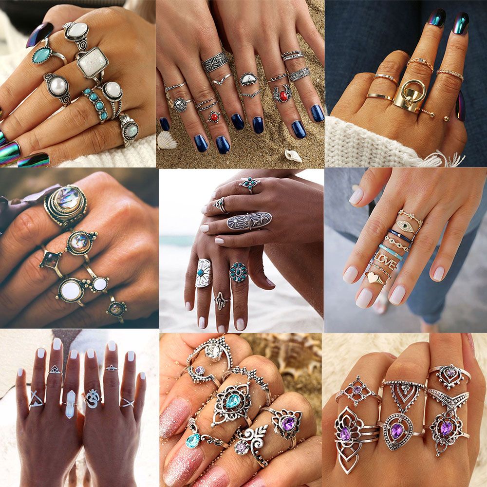 Bộ nhẫn đeo ngón tay kiểu hình học thời trang sành điệu cho nữ