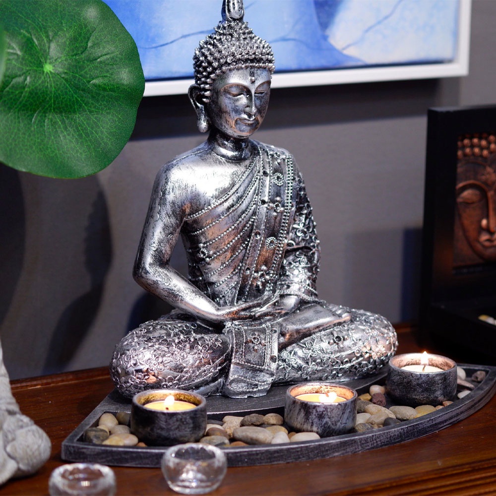 Tượng phật thiền định kèm đế nến tặng 3 cốc nến bơ - Mani Decor