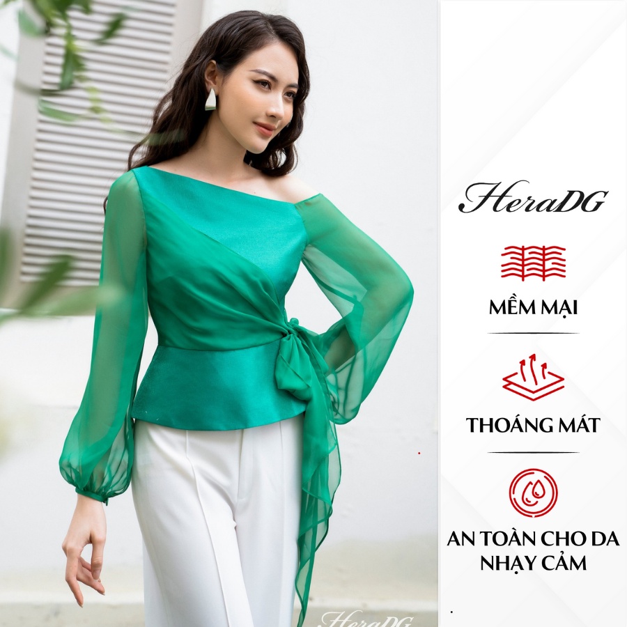 Áo lệch vai cách điệu HeraDG thiết kế tay bồng cuốn hút, chất liệu vải tafta phối tơ cao cấp mềm nhẹ SAKBB6037