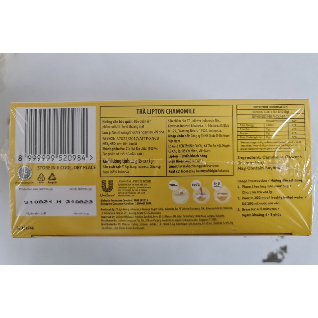 [Hộp 25 túi x 1g] TRÀ HOA CÚC TÚI LỌC [Indonesia] LIPTON Chamomile Tea Bags