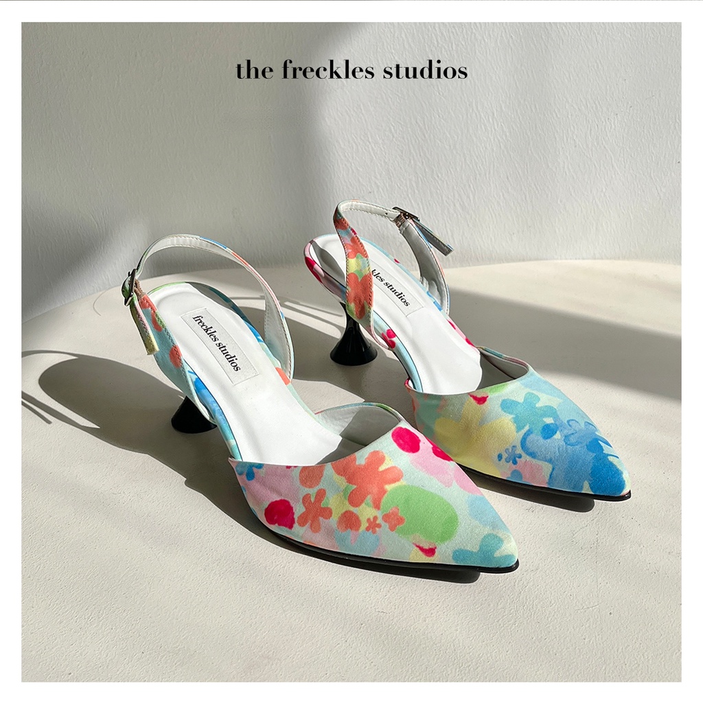 Giày Cao Gót Quai Hậu Freckles Studios Mũi Nhọn Slingback 7cm Hoa Caro