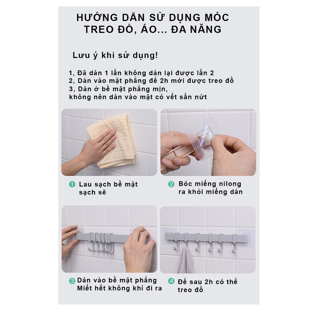 Combo 3 bộ móc treo dán tường nhà tắm nhà bếp 6 móc di động siêu chắc không khoan đục