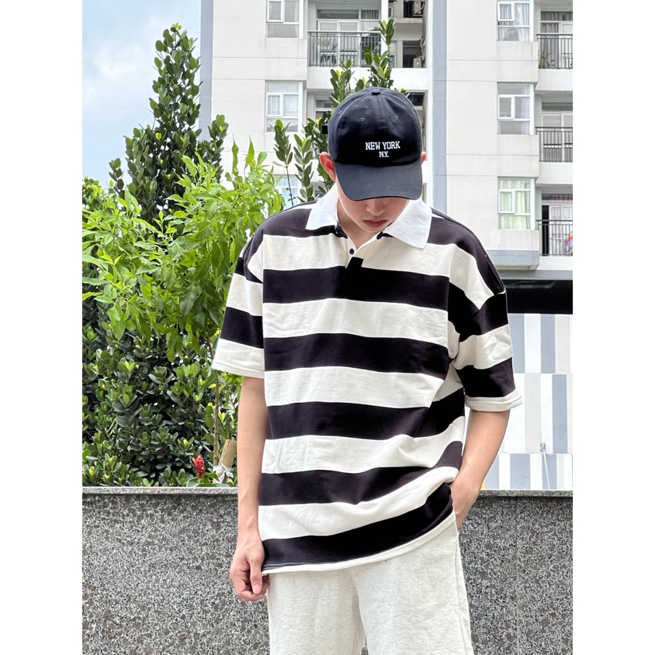 Áo POLO nam nữ tay lỡ sọc ngang bảng to, Áo thun polo unisex form rộng Zozo_unisex