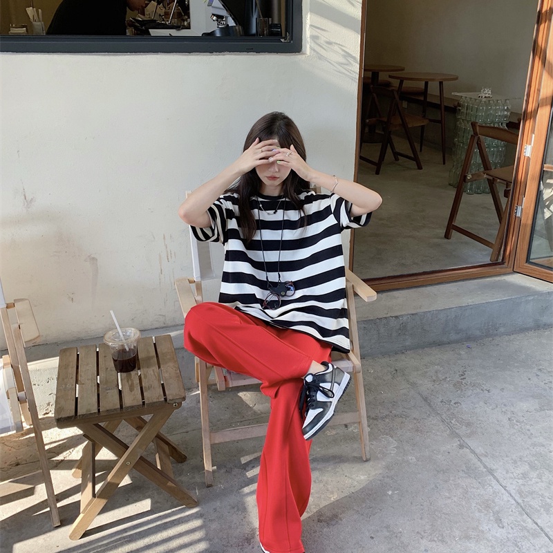 Áo thun SUXI cổ tròn dáng rộng họa tiết kẻ sọc thời trang mùa hè phong cách vintage cho nữ