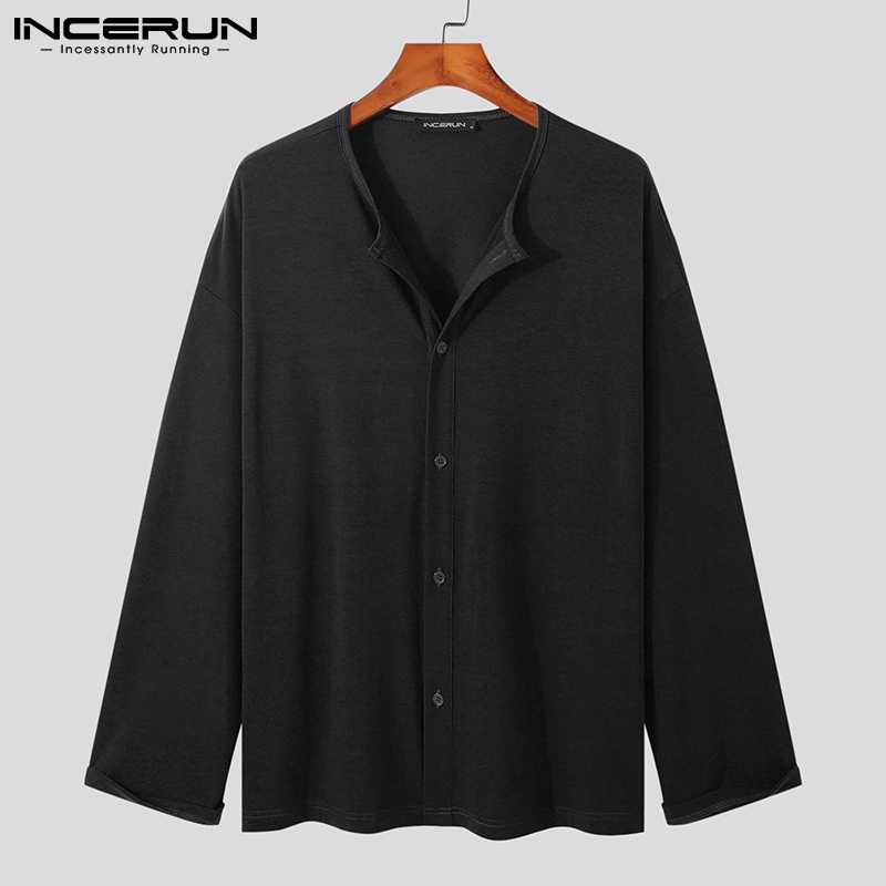 Áo sơ mi INCERUN tay dài dáng rộng thoải mái màu trơn cài khuy cho nam