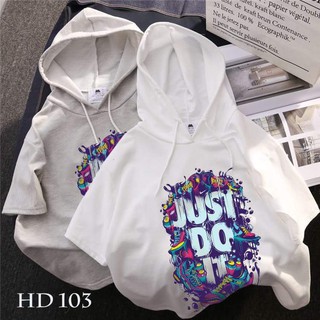 Áo thun hoodie unisex tay lỡ có nón họa tiết just do it