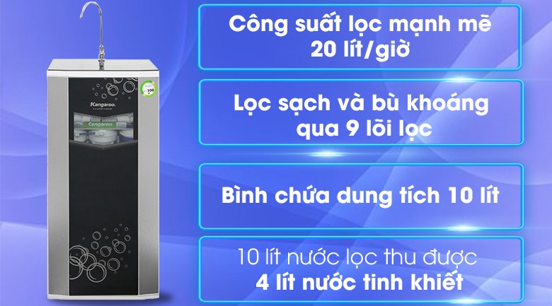 Máy lọc nước RO Kangaroo VTU KG100HA 9 lõi,Cung cấp Hydrogen chống gây lão hóa, bổ sung khoáng chất t