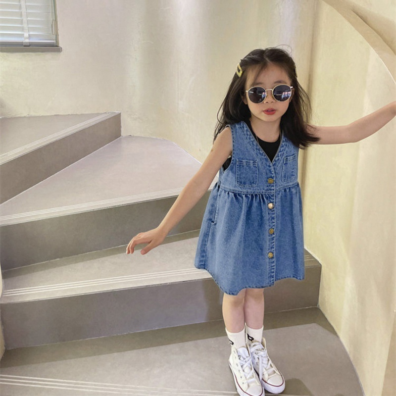 Đầm Yếm Denim Hai Dây Lưng Phong Cách Nước Ngoài Cho Bé Gái