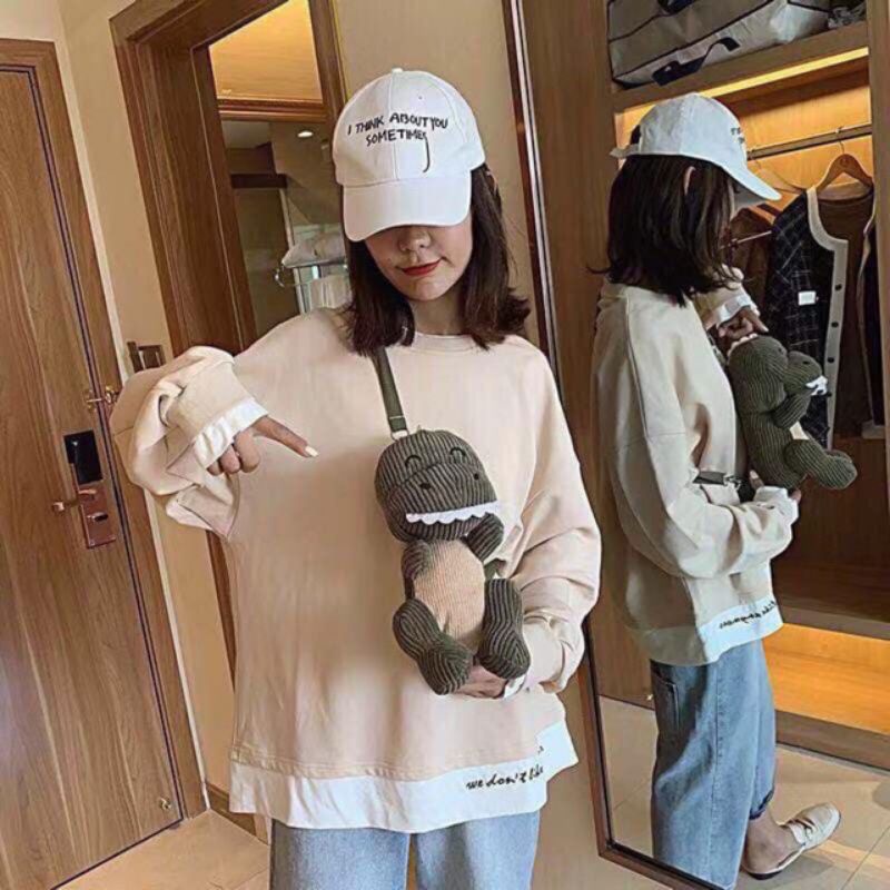 Balo ZARA gấu bông khủng long con nhung gân xanh rêu
