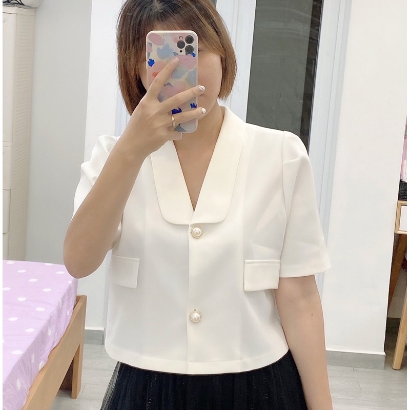 Ảnh thật Áo croptop trắng dáng suông tay bồng