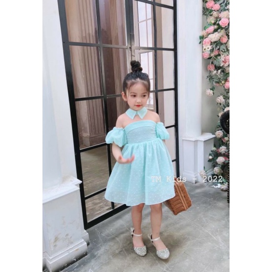 Đầm công chúa hạt gạo trễ vai cho bé gái