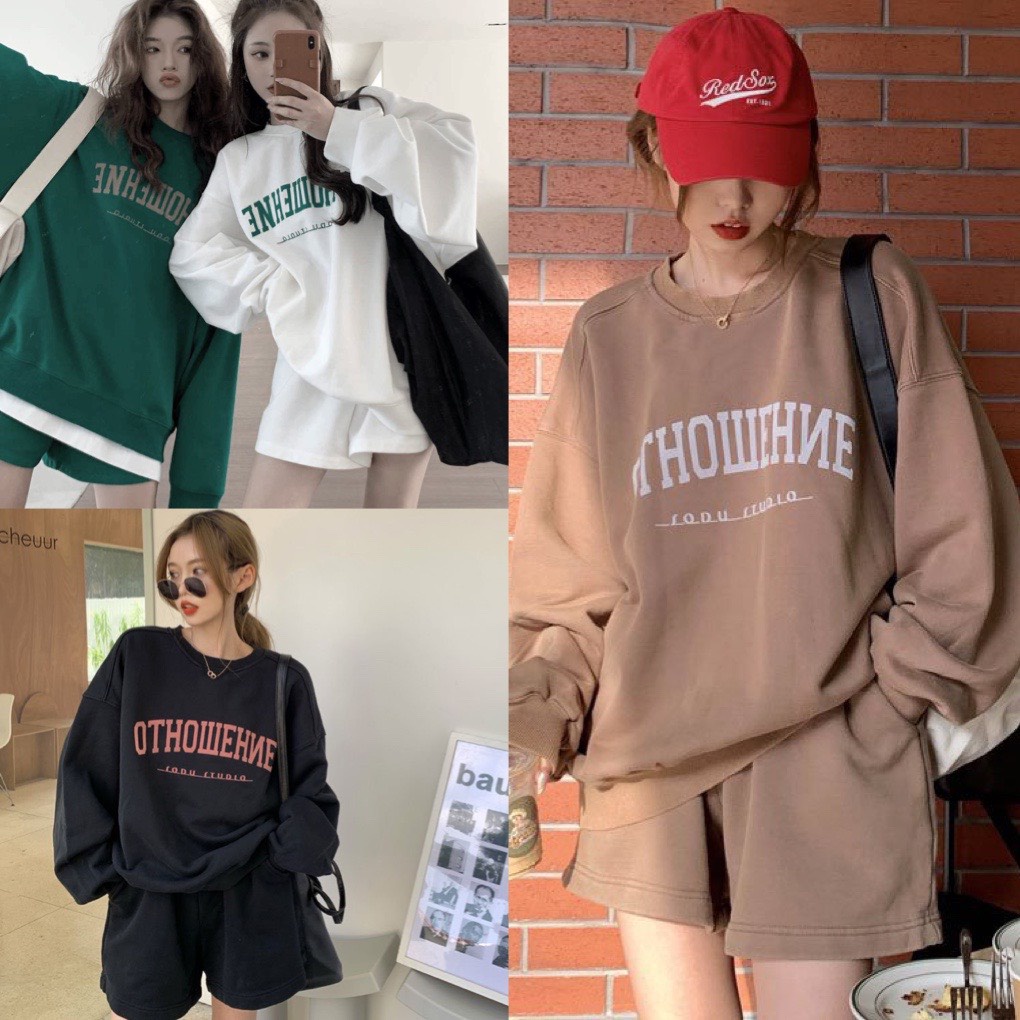 Set Bộ Nỉ Bông OTHO Áo Sweater Dài Tay Mix Quần Short Đùi Ống Rộng Cạp Chun Freesize Form Rộng