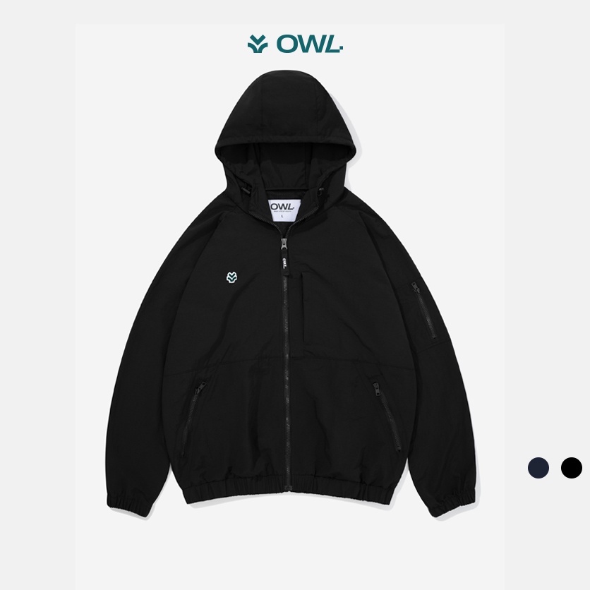 OWL BRAND® LOGO WINDBREAKER JACKET - Áo khoác dù gió có nón unisex / Đen
