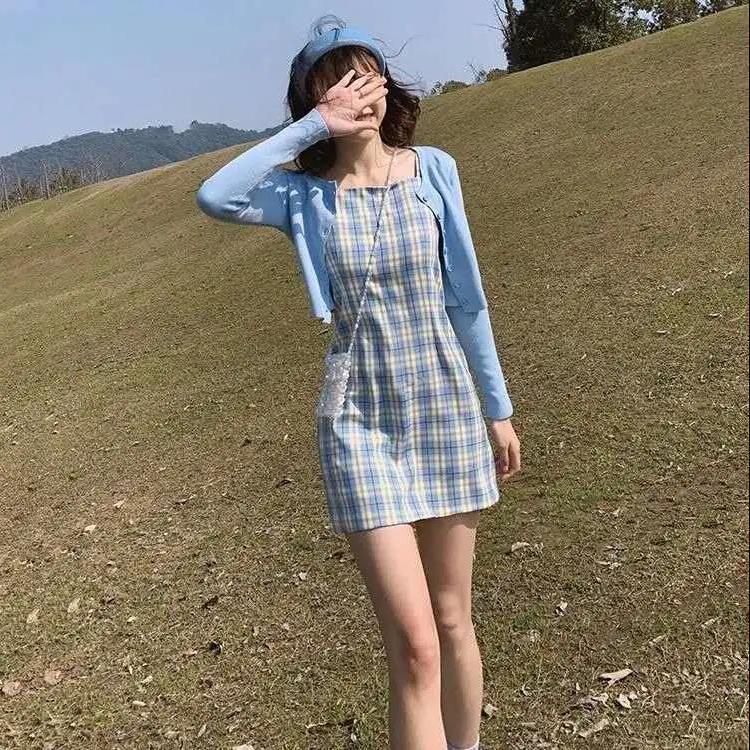 Bộ Áo Khoác Cardigan + Đầm Hai Dây Ôm Dáng Kẻ Sọc Caro Thời Trang Mùa Thu Cho Nữ