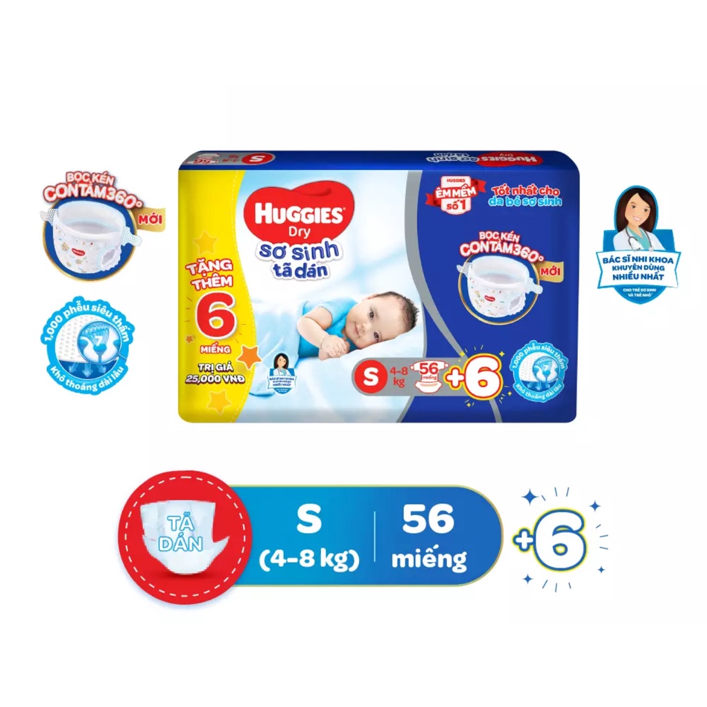 Tã dán sơ sinh Huggies S56, NB74,S88 mẫu mới bọc kén con tăm êm mềm