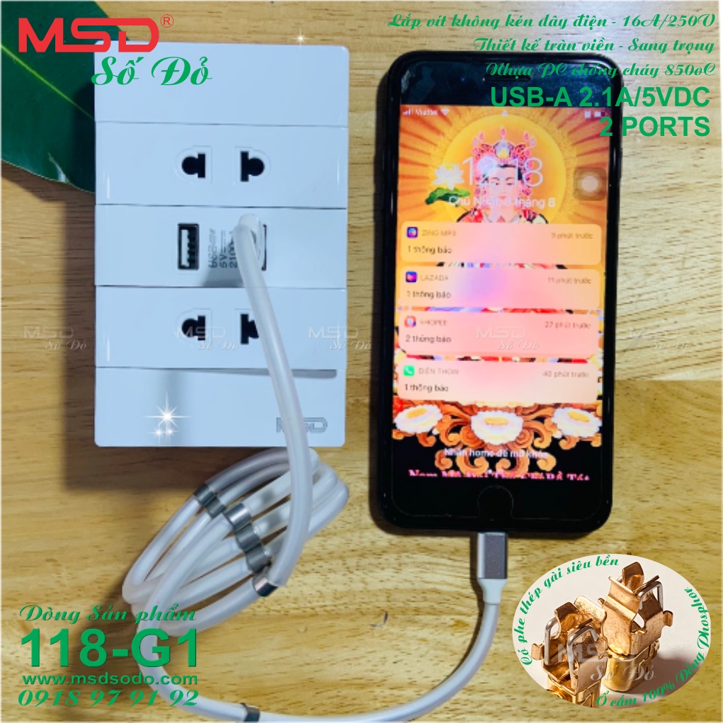 SẠC ĐIỆN THOẠI ÂM TƯỜNG 2 USB 2.1A/5VDC + 2 Ổ CẮM 2 CHẤU 16A/220V - SERIAL 118G1