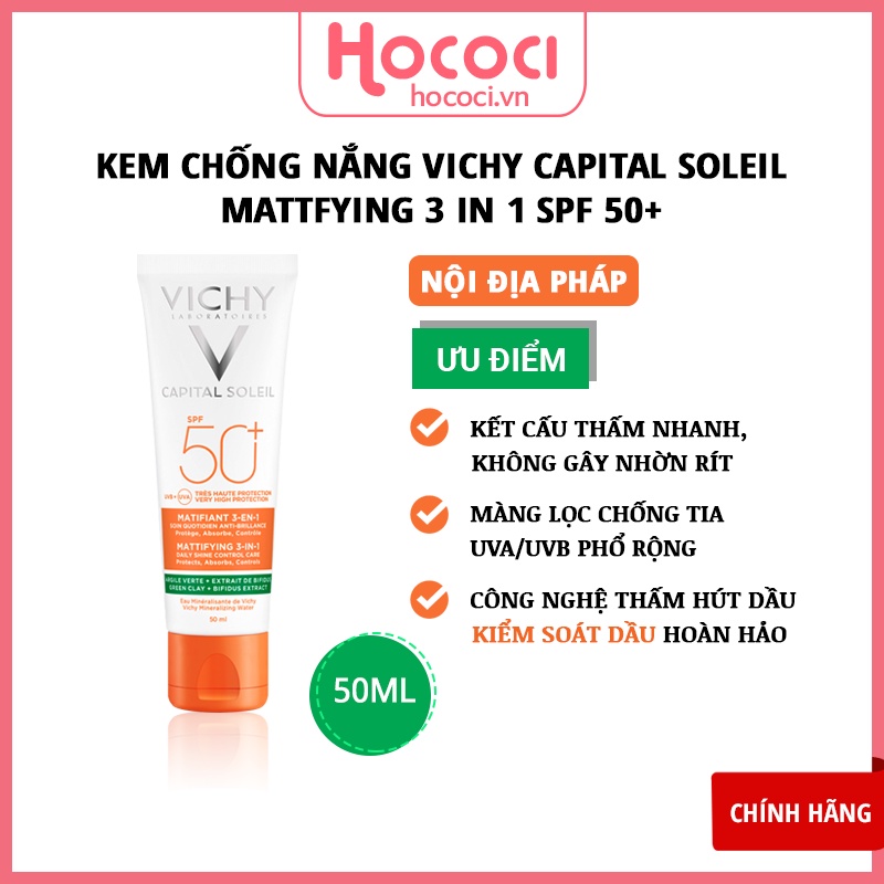 ✅[NỘI ĐỊA PHÁP] Kem Chống Nắng Vichy Capital Soleil 3In1 Chống Ô Nhiễm &amp; Bụi Mịn 50ML