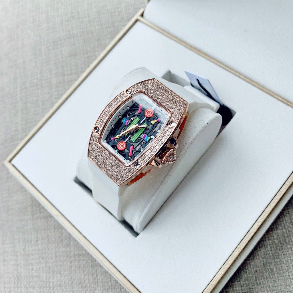 Đồng Hồ Huboler Hanboro Nữ Dây Da Silicon Trắng Mặt Sắc Màu Rose Gold Chính Hãng 31x42mm