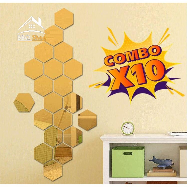 [RẺ VÔ ĐỊCH] COMBO 10 Bộ 12 miếng gương dán tường 3D hình lục giác 4x4 Trang Trí Phù Hợp Mọi Không Gian