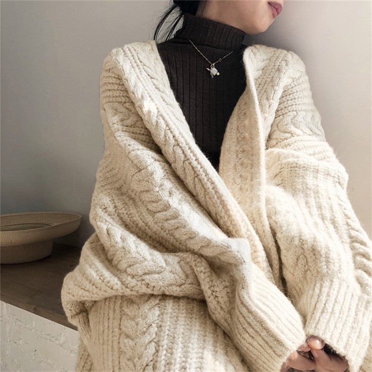 Outwardly worn Áo Khoác cardigan Dệt Kim Dày Dáng Rộng Xoắn Dài Trung Bình Đơn Giản Cổ Điển Thời Trang Cho Nữ