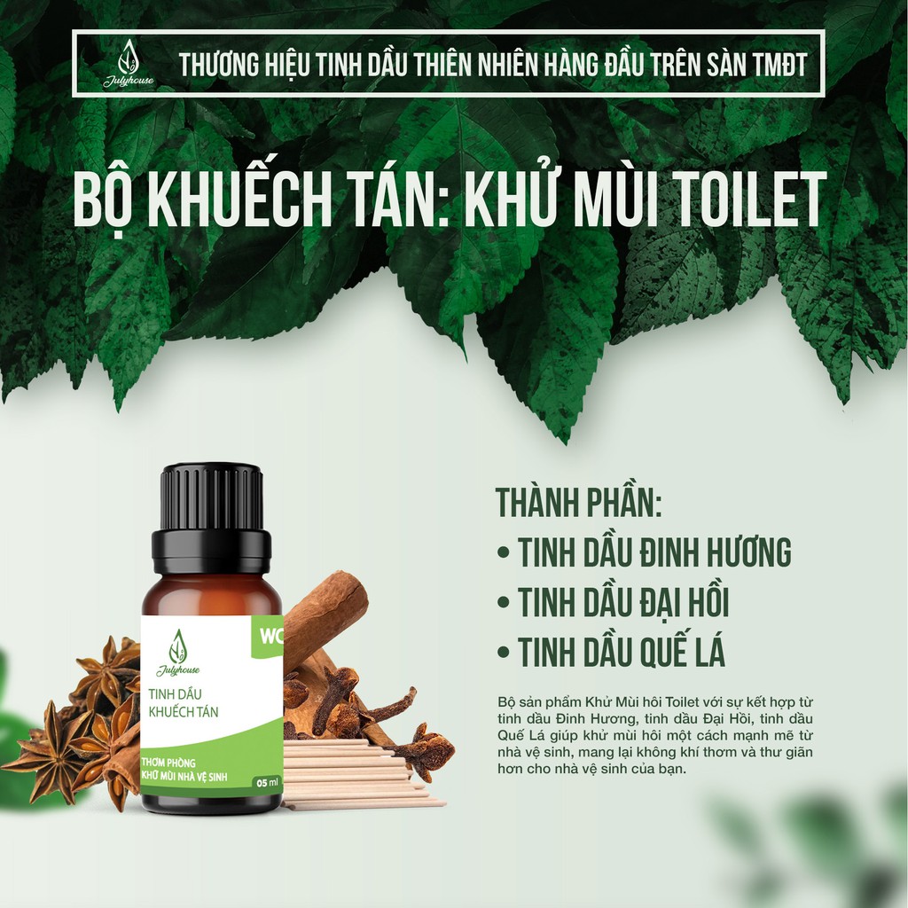 [MỚI] Bộ Khuếch tán khử mùi toilet hôn hợp tinh dầu thiên nhiên 5ml JULYHOUSE