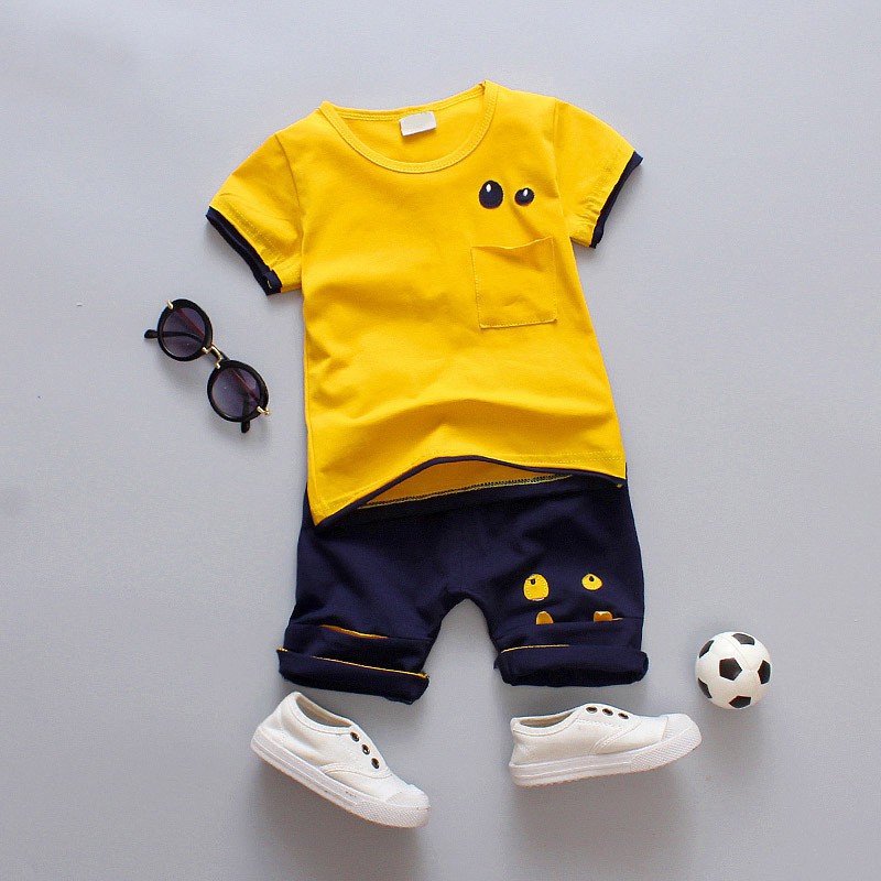 Set áo sơ mi ngắn tay có túi + quần short đáng yêu cho bé trai