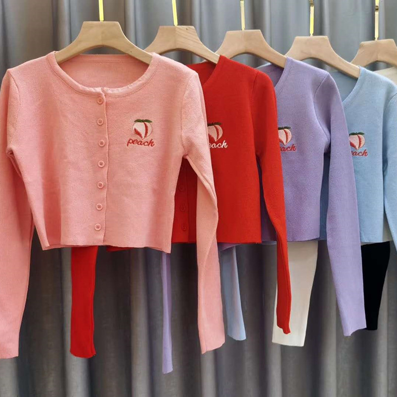 SUXI Áo Cardigan Dệt Kim Dáng Ngắn Tay Dài Họa Tiết Quả Đào Thời Trang Mùa Thu Phong Cách Hàn Quốc Cho Nữ