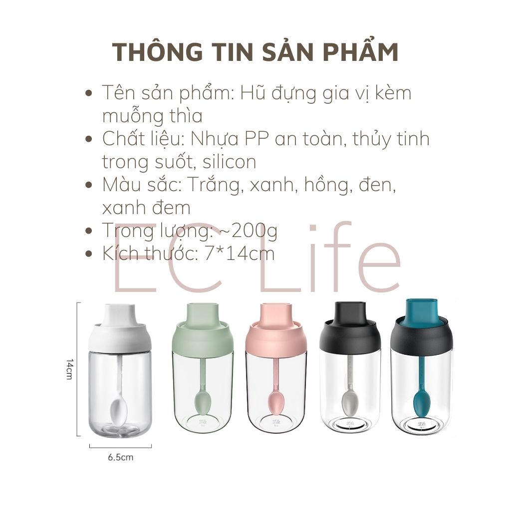Hủ đựng gia vị, Lọ đựng gia vị bằng thủy tinh kèm muỗng thìa cao cấp có nắp kín chống ẩm dung tích 250ml EC Life 01