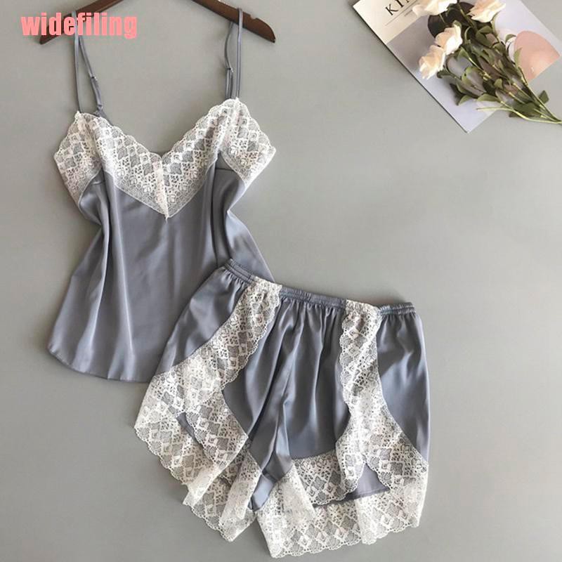 Bộ Đồ Ngủ 2 Dây Vải Lụa Viền Ren Quyến Rũ Cho Nữ