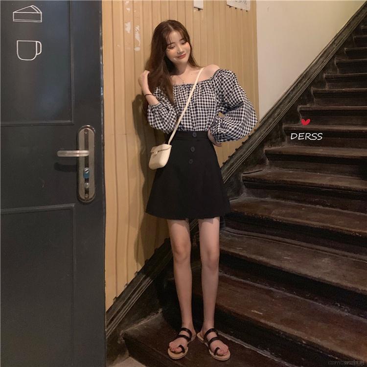 Áo sơ mi tay dài phồng dáng rộng trễ vai họa tiết sọc ca rô thời trang cho nữ