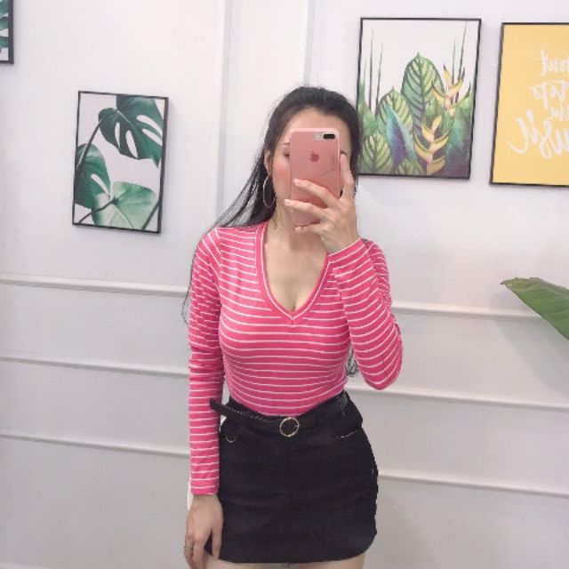 Áo thun sọc cổ tim dưới 52 kg ( sale )