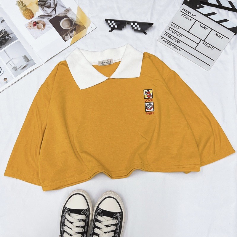 ÁO CROPTOP POLO OVERSIZE THÊU LOGO - VÀNG | BigBuy360 - bigbuy360.vn