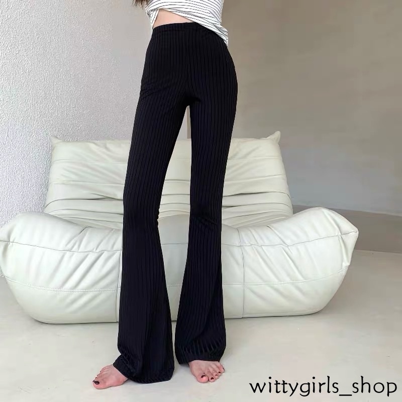Wittygirls_shop | Quần Dài Lưng Cao Màu Sắc Trơn Phong Cách Quyến Rũ
