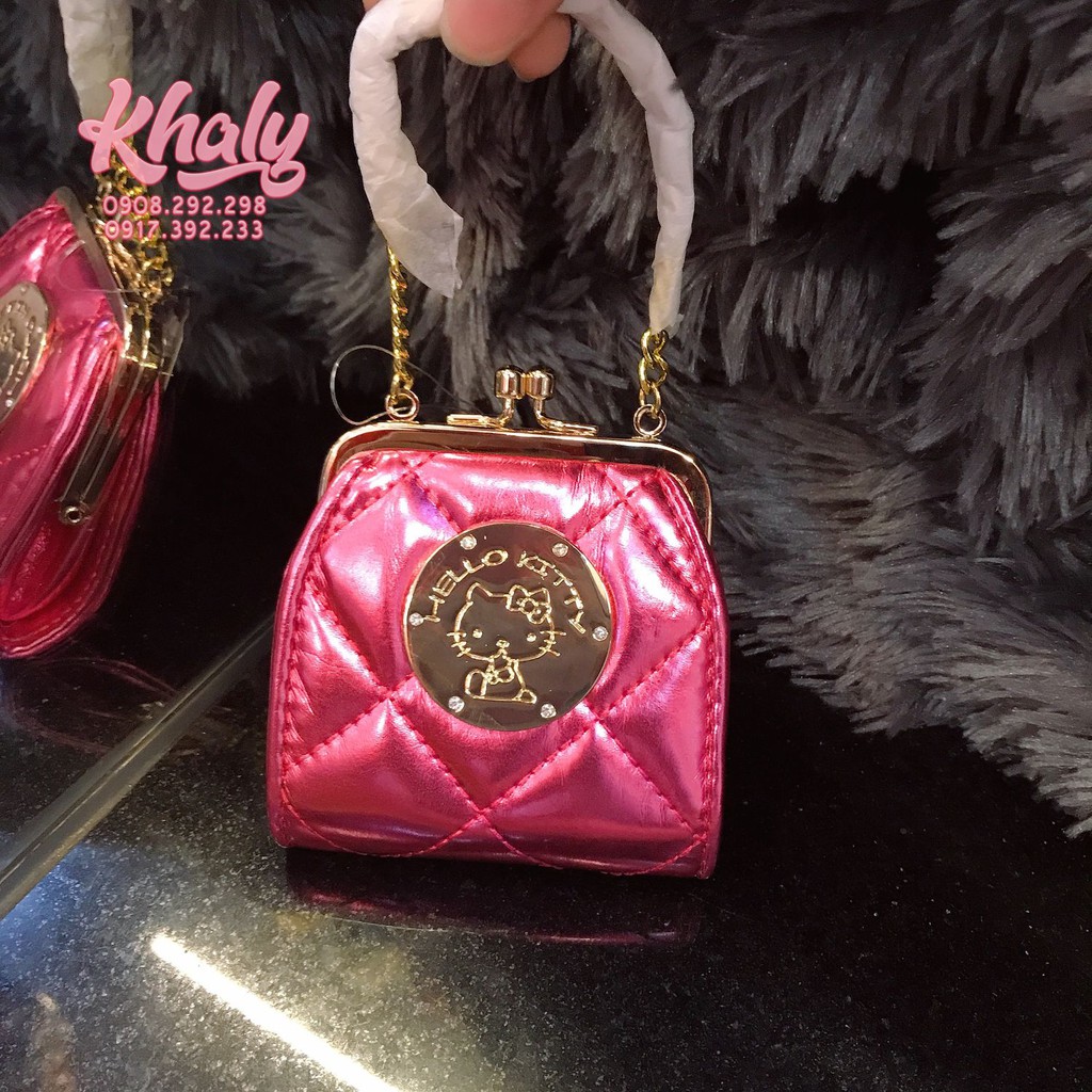 Bóp ví tiền có quai xách cầm tay mini nút bật da bóng mềm 1 ngăn hình Hello Kitty màu hồng dành cho nữ và các bạn gái
