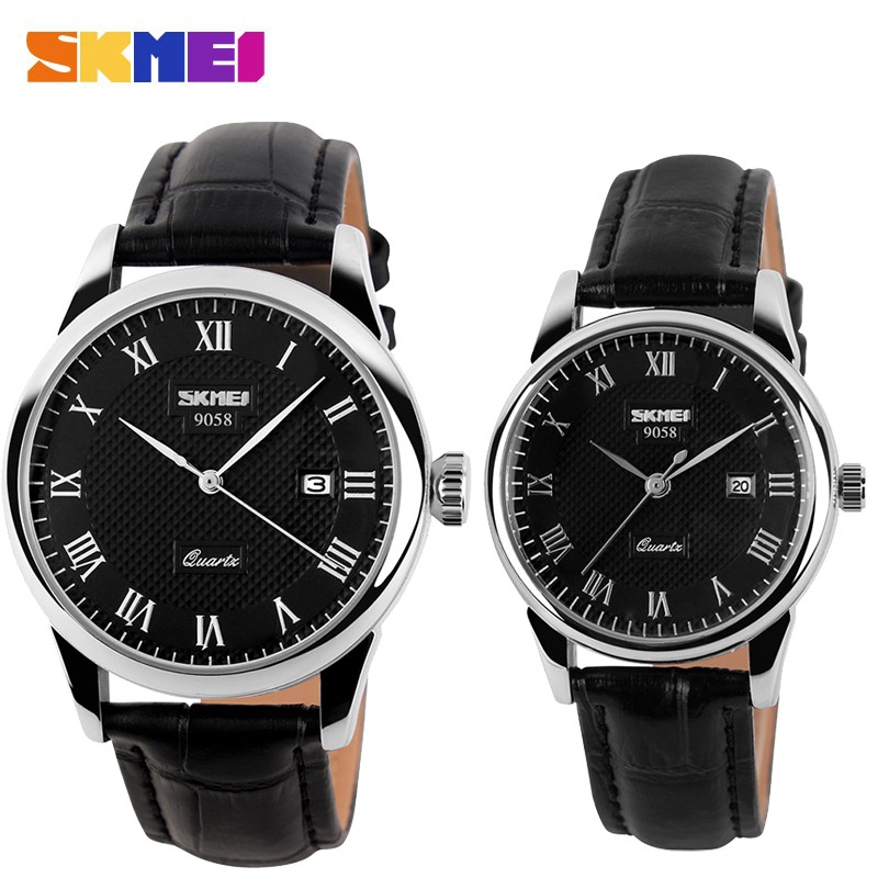 Đồng hồ đeo tay đôi SKMEI 9058 dây đeo da bò chống thấm nước mạnh mẽ hiệu ứng chiếu sáng thời trang cho nam/ nữ