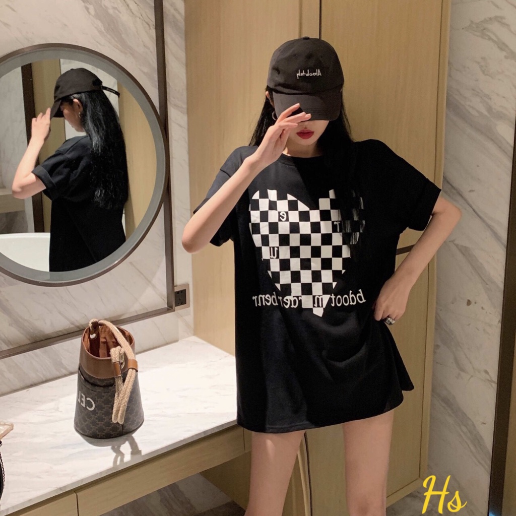 Áo Phông Trái Tim Ô Vuông Unisex 🦋 Áo Thun Nữ Cộc Tay Cổ Tròn Dáng Rộng In Hình 2 Màu 🦋