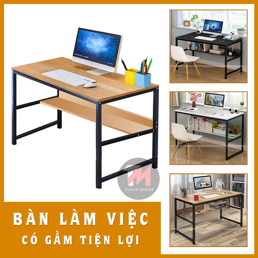 Bàn làm việc có giá sách dưới gầm bàn gọn nhẹ lắp ráp dễ dàng, mặt bàn dày 17li khung sắt tự lắp ráp đơn giản.