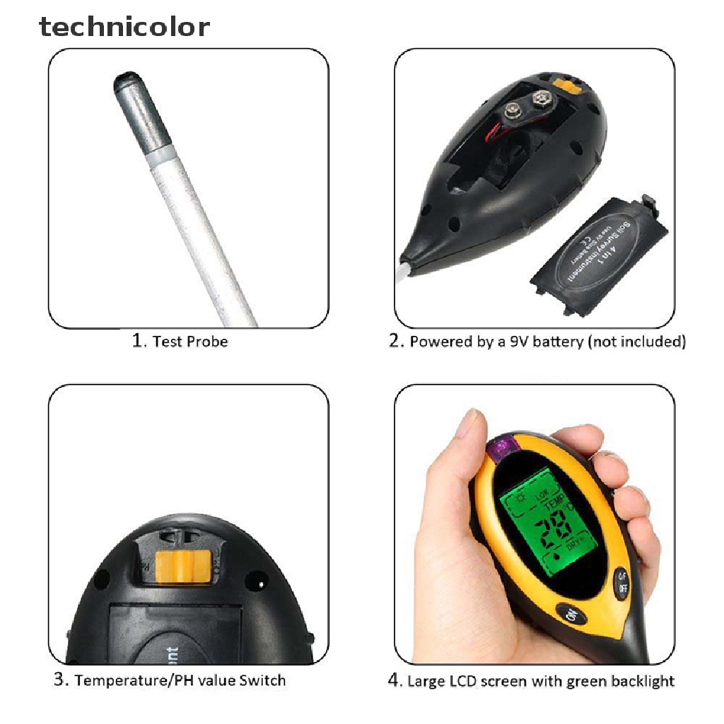 Máy đo thử nghiệm độ pH đất vườn kỹ thuật số màn hình LCD 4 trong 1