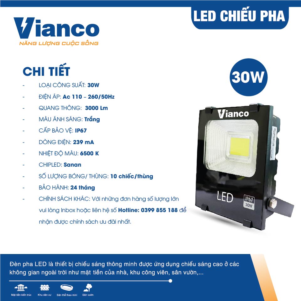 Đèn Pha Led VIANCO Công Suất Tiêu Thụ Điện Thấp, Tạo Màu Ánh Sáng Ấn Tượng