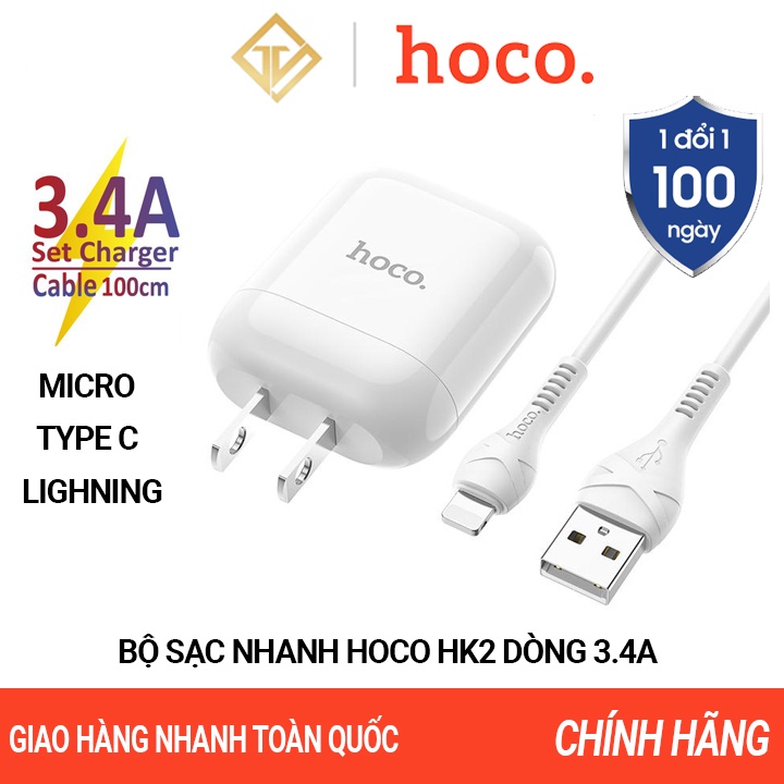 Bộ Sạc Nhanh Hoco HK2 3.4A Micro Usb,Type C,Lightning cho Oppo,Samsung.Iphone...- Chính hãng -BH 12 tháng