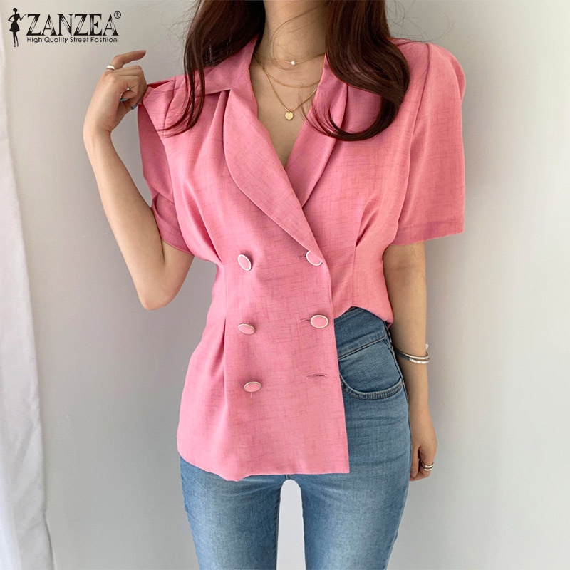 Áo sơ mi ZANZEA tay ngắn phồng phong cách Hàn Quốc thời trang cho nữ