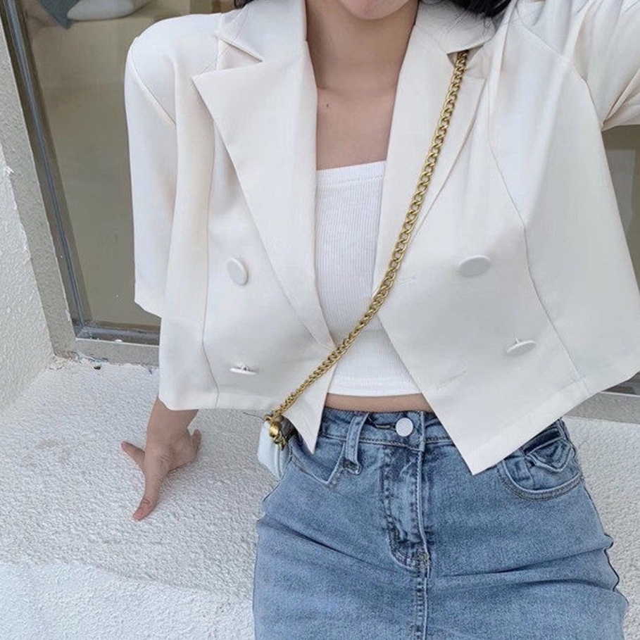 Áo Khoác Ngắn Hàn Quốc Cho Nữ Eo Cao Và Ống Tay Ngắn