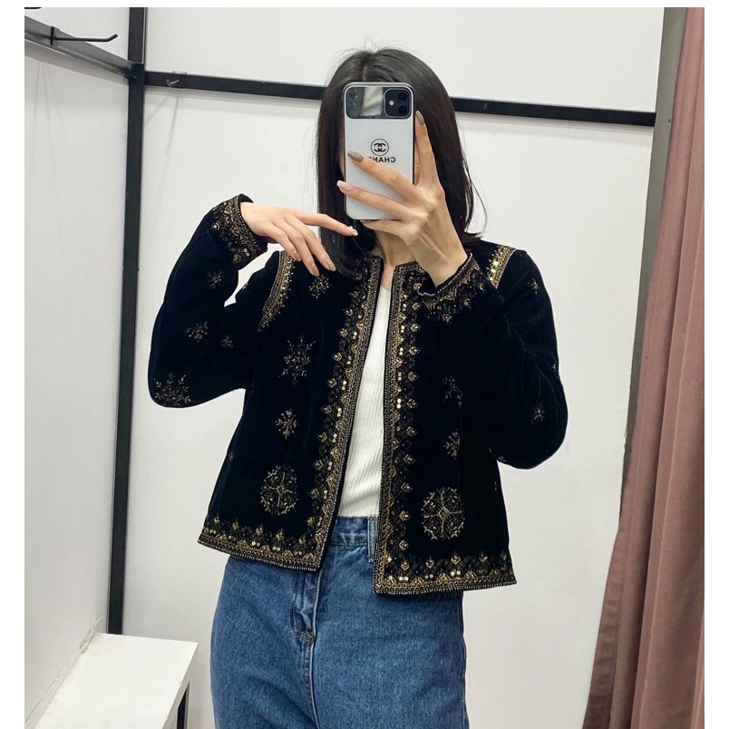 ÁO KHOÁC NHUNG ZRA NỮ THÊU HỌA TIẾT MÀU ĐEN - 6895/243