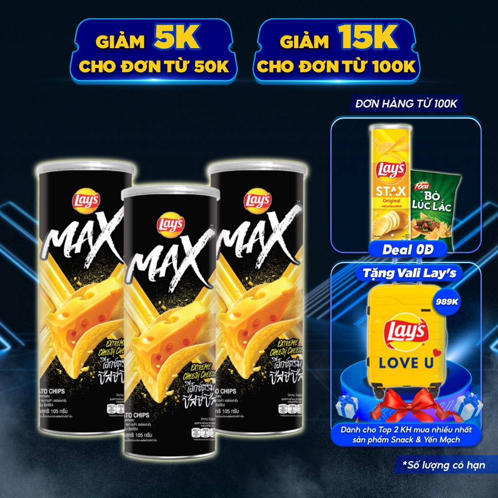 Combo 3 Bánh snack khoai tây miếng Lay's Max Thái vị phô mai tan chảy hộp 105g