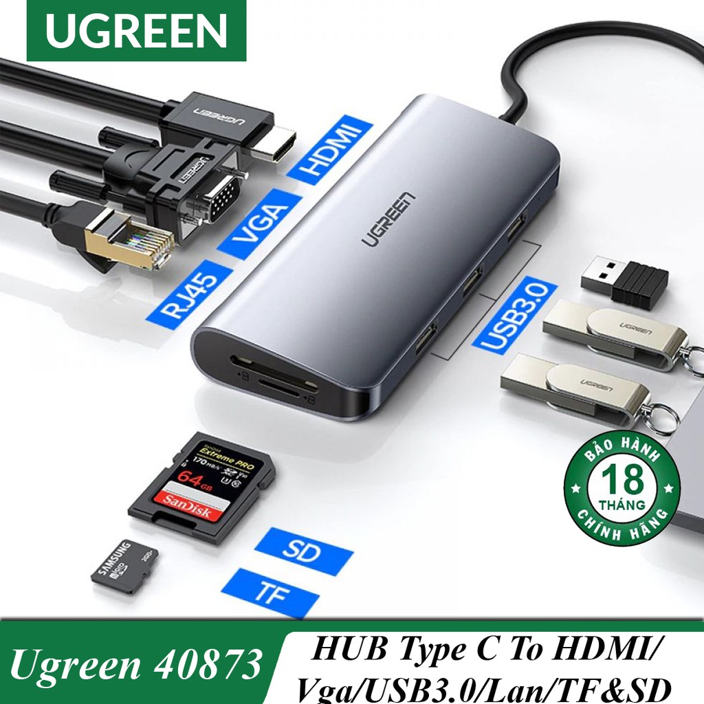 HUB USB Type C To HDMI, Vga, USB 3.0, Lan, TF &amp; SD Chính Hãng Ugreen 40873 Cao Cấp