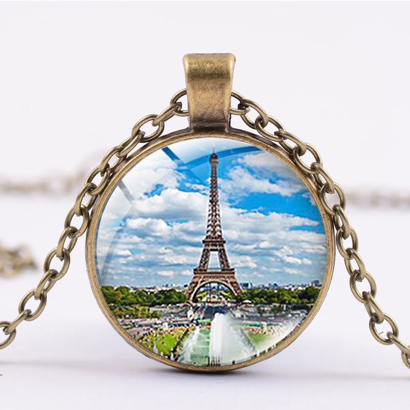 Hot selling Eiffel Tower time gem necklace alloy glass pendant fashion jewelry sweater chain batch