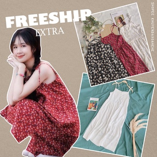 SUV002 Váy 2 dây hoa nhí maxi thắt nơ vintage đi đi biển Đầm babydoll dáng dài 2s buộc tiểu thư bánh bèo