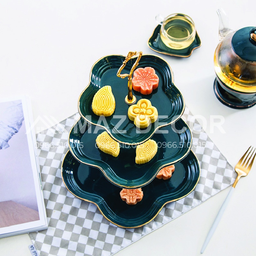 Giá sỉ đồ decor xuất dư Khay kệ đựng bánh kẹo hoa quả mứt Tết bằng sứ 3 tầng cao cấp sanh chảnh inox mạ vàng R06