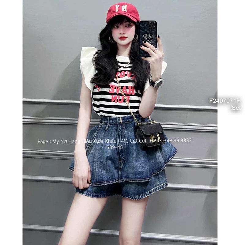 Set áo kẻ sọc in chữ tay bèo cánh tiên quần jean giả váy