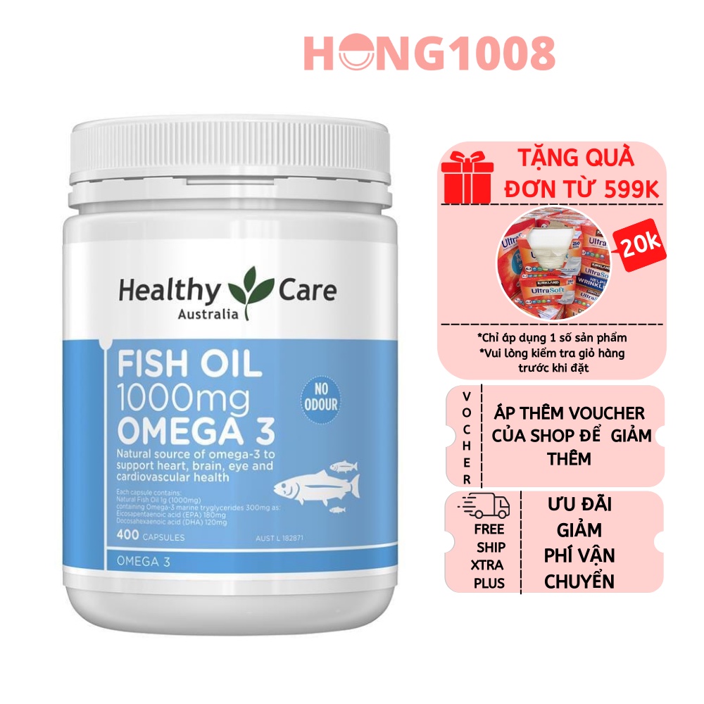 Viên uống Healthy Care Fish Oil 1000mg Omega 3 400 viên của Úc - Dầu Cá Bổ sung omega tốt cho mắt và não